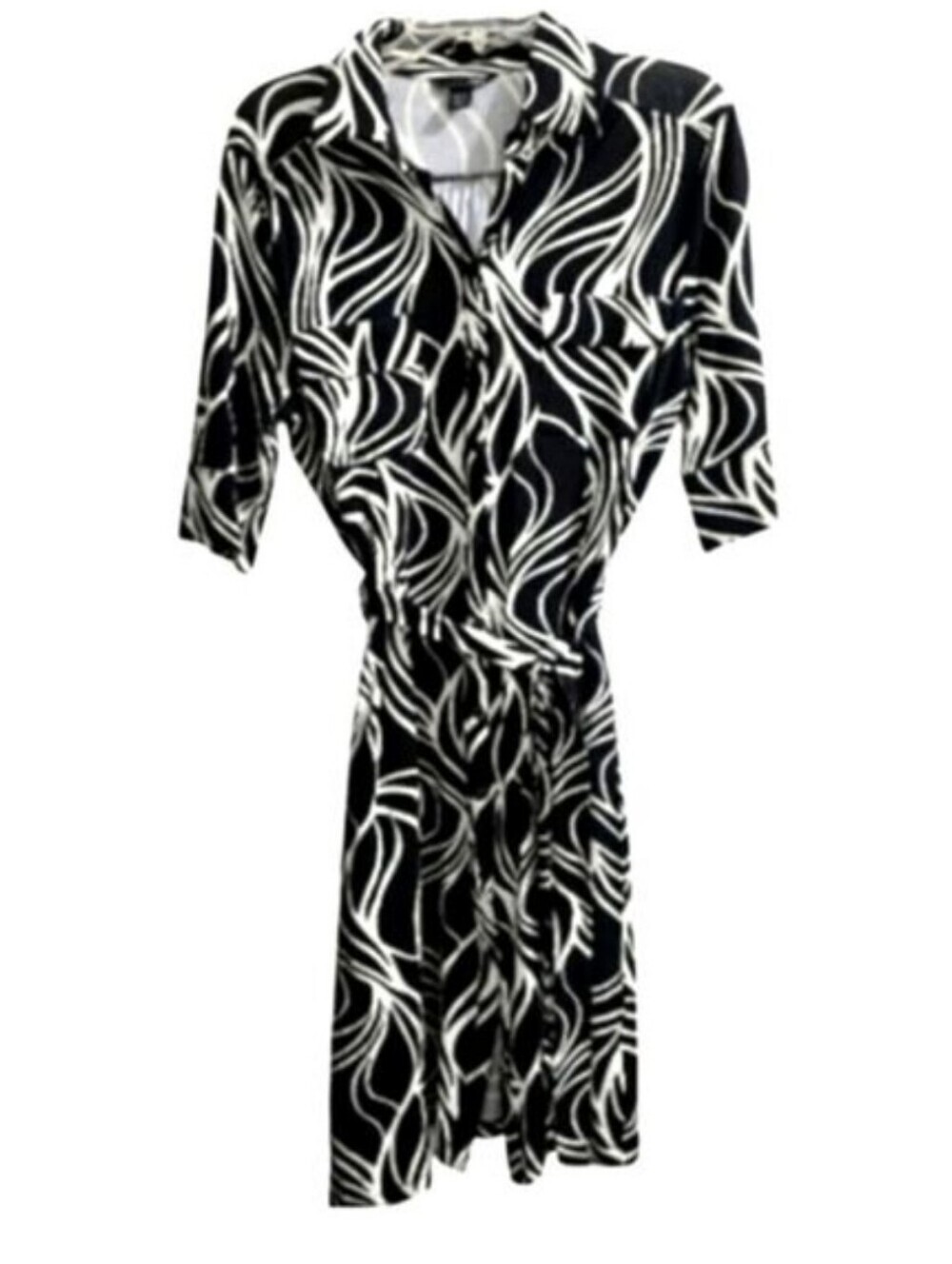 H&M Black & White Abstract Print 3/4 Sleeve Office Business Midi Dress Size 14